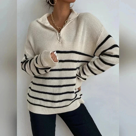 Striped Drop Shoulder Zipper Front Sweater - Picture 6 of 6